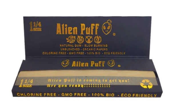 50 Alien Puff Black & Gold 1 1/4 Size Unbleached Brown Rolling Papers