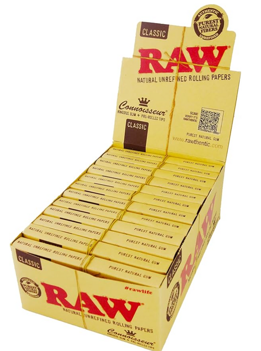 24 Raw Classic Connoisseur King Size Slim Rolling Papers + Pre-Rolled Tips