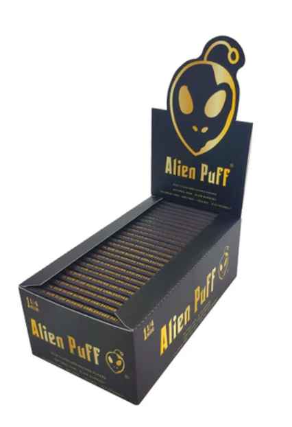 50 Alien Puff Black & Gold 1 1/4 Size Unbleached Brown Rolling Papers